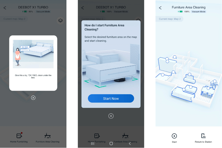 Das Feature “Unter Möbeln reinigen” wird in der Ecovacs Home App ausgewählt